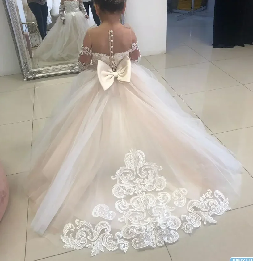 Vestidos de niña de flores champán, calcomanía de encaje, primera comunión, vestido de princesa Maxi, utilizado para bodas, fiestas de baile