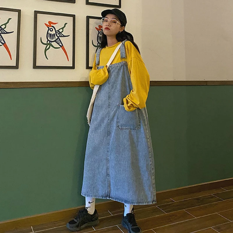 Dress Women Denim Spaghetti Strap Vintage Sundress Korean Style Loose All-match Summer Retro Streetwear Teens  Ulzzang