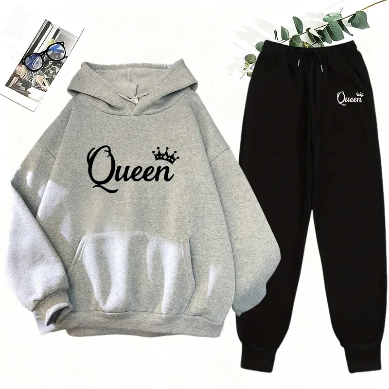 Women's 2 Piece Matching Set Queen Print Hoodie and Sweatpants Casual Street Style Outfit Autumn Winter Home Outdoor Sportswear