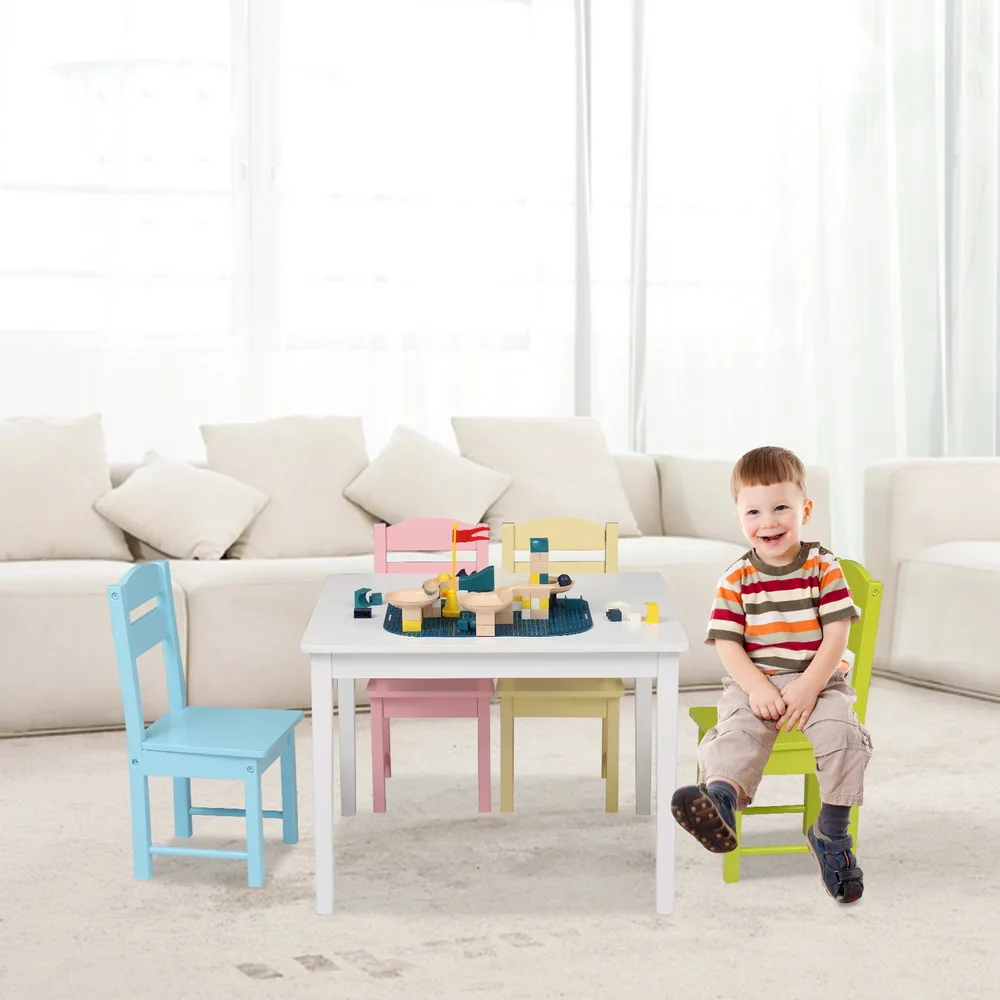 Children's Wooden Table Chair Set Include 1 Table 4 Chairs Pine P2 Density Board Colorful Natural Color[US-Stock]