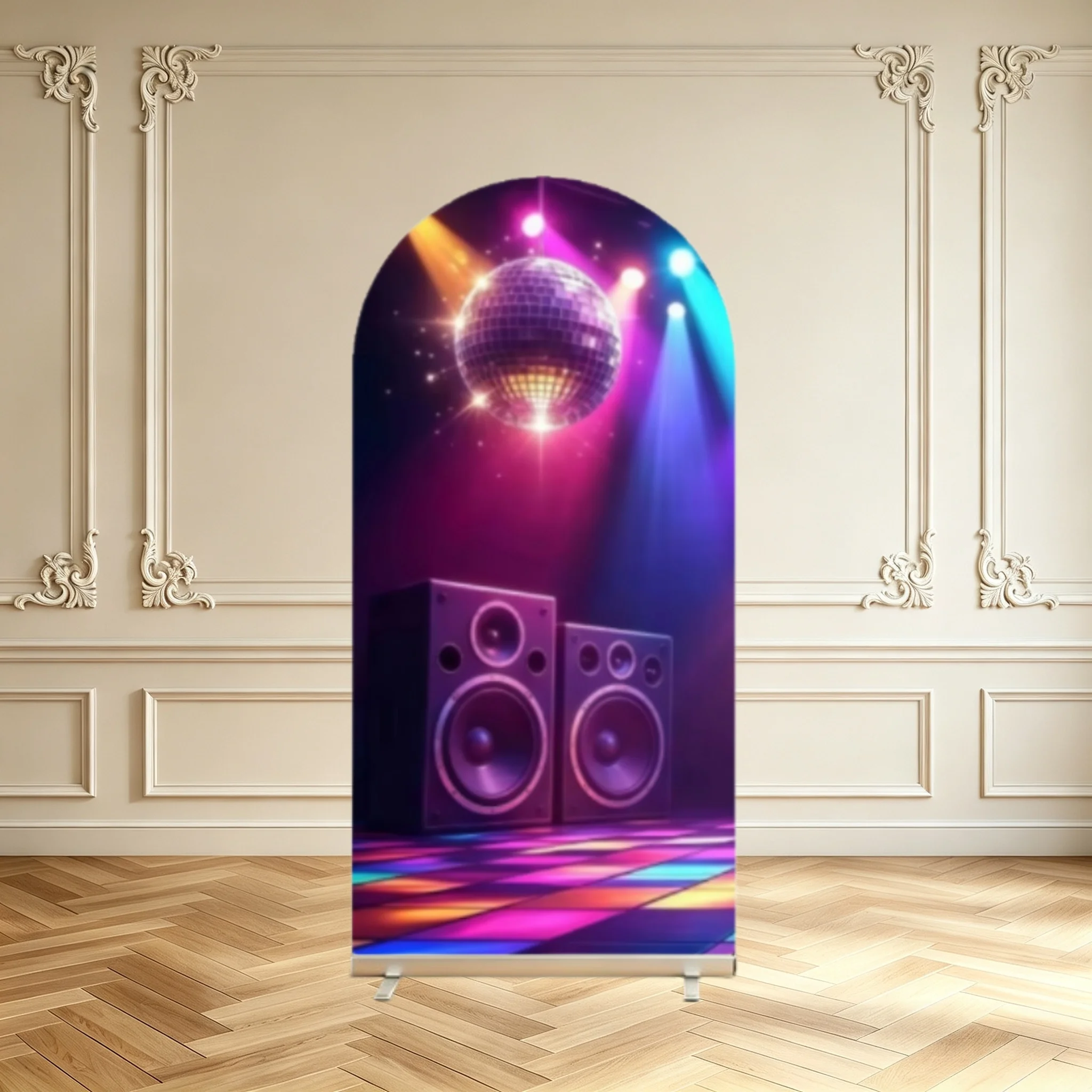 Disco Party Arch Backdrop Cover Retro 70s 80s Disco Theme Neon Light Dance Floor Mirror Ball Double Sided Arch Cover Background