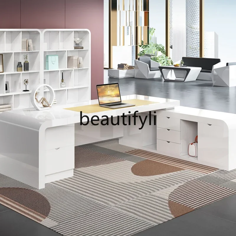 ss Asmt14 Boss Desk مجموعة مكتب تنفيذي بسيط وحديث راقي مدير ورنيش أبيض مشرف مكتب كبير #4