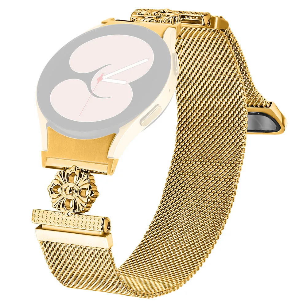 

For Samsung Galaxy Watch 5 Pro / Watch 5 / Watch4 Milanese Watch Band Flower Stainless Steel Strap with Connector - Gold