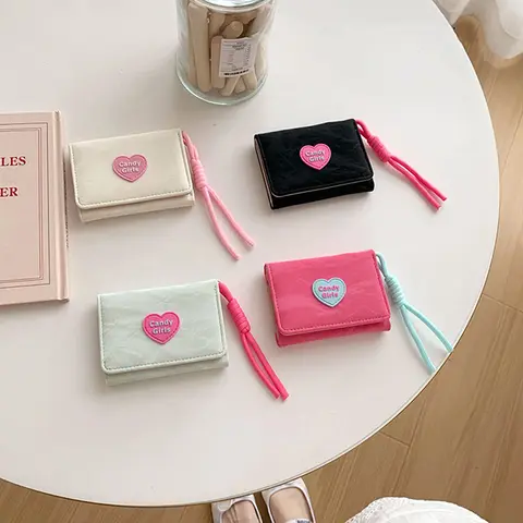Women Lanyard Wallets Card Holder Tri-fold Zipper Coin Purse Heart Clutch Bag Portable Girl Short Coin Pouch
