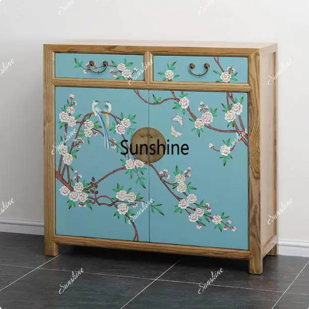 Hand painted flowers and birds pastoral small fresh entrance foyer cabinet
