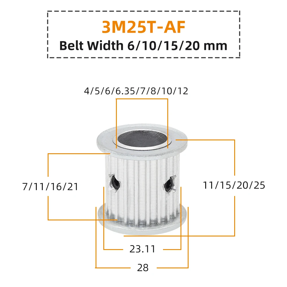 25Teeth Belt Pulley 3M 25T Circle-arc Teeth Pitch 3 mm Alloy Pulley Bore 5/6/6.35/8/10/12 mm Timing Belt Width 6/10/15/20 mm