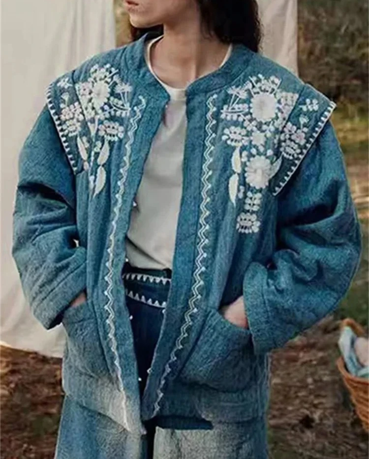 

Fall Winter Women's Blue Quilted Short Jacket, Embroidered Flowers on Shoulders, Round Neck Loose Parka Coat for Ladies