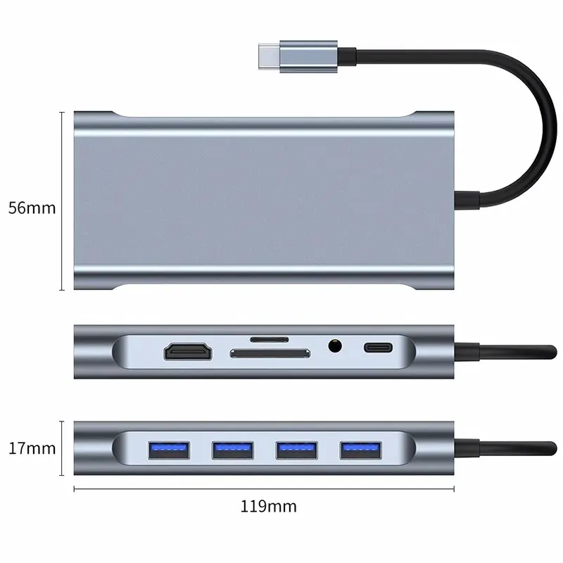 11 In 1 Usb C Hub For Macbook Air Pro, Compatible Type C To Hdmi,Usb3.0 Rj45, 11 Port Base With Pd, Tf, Sd, Aux, Splitter 3.0 image 3