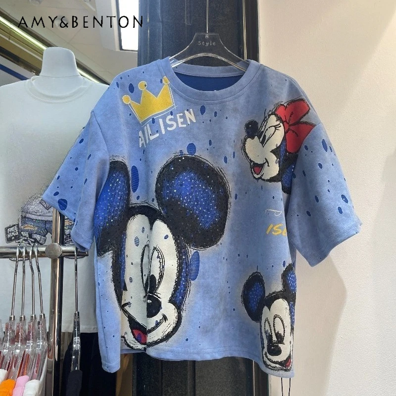 

2026 Summer New European Style Sequin Cartoon Short-sleeved T-shirts Women's Loose Fit Trendy Brand Beautiful Top Y2k Clothes