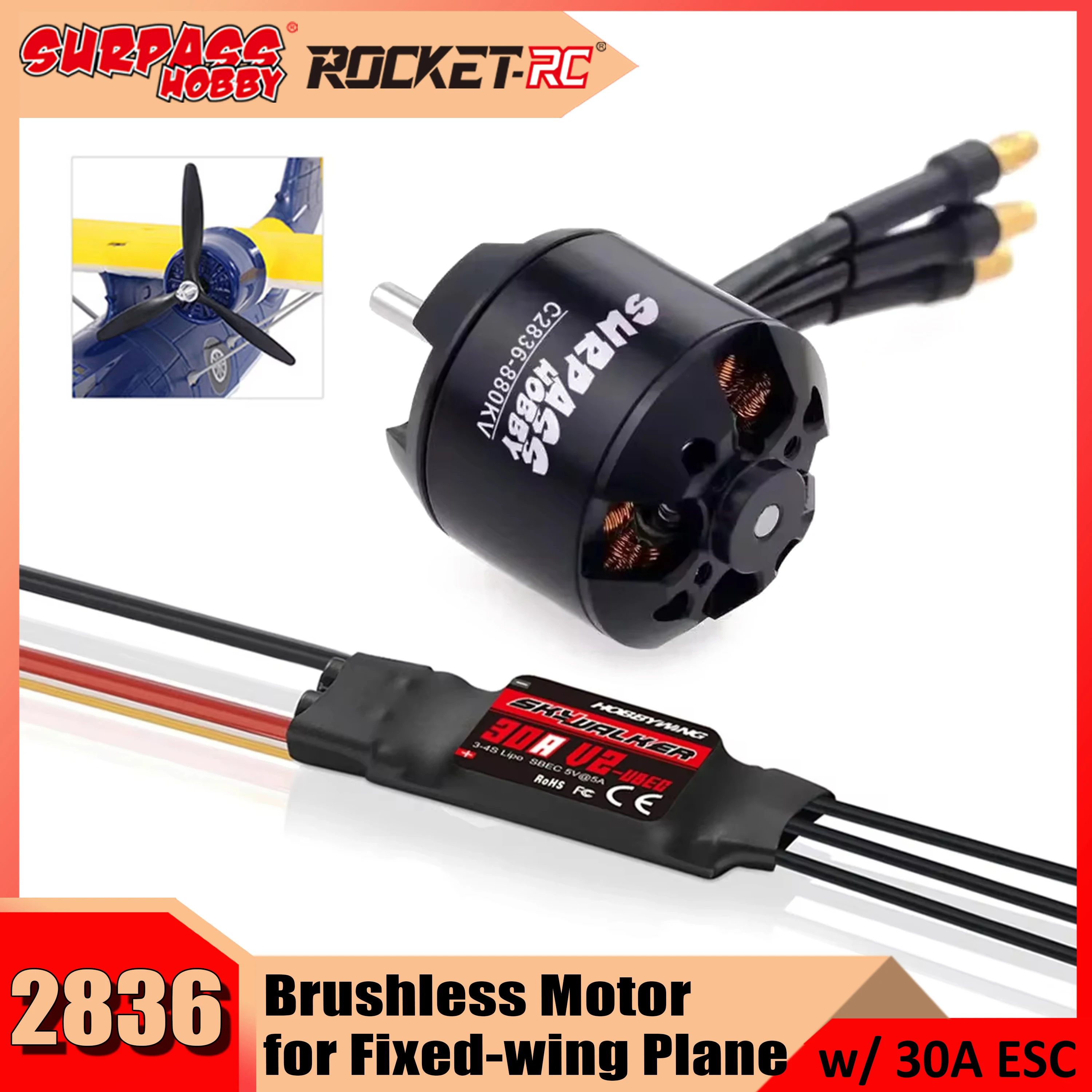 

Surpass Hobby 2216 C2836 Outrunner Brushless Motor w/ Hobbywing 30A V2 ESC Combo for RC FPV Drone Racing Quadcopter Fixed-wing