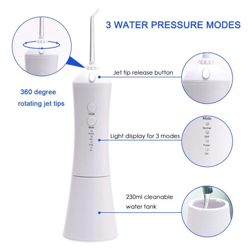 Oral Irrigator Electric Teeth Cleaner Dental Water Flosser 360 Rotating Nozzle Pulse Jet Water Tank Deep Cleaning Massage 230ML