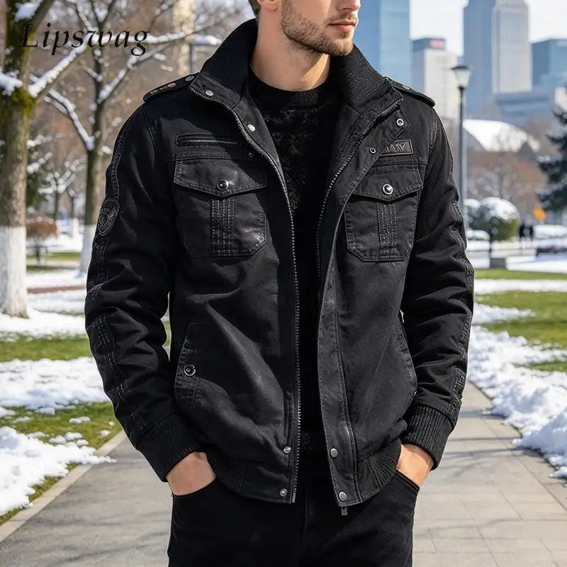 Winter Thickened Solid Color Jacket Mens Daily Outdoor Multi Pocket Cargo Coats Male Streetwear Vintage Stand Collar Outerwear