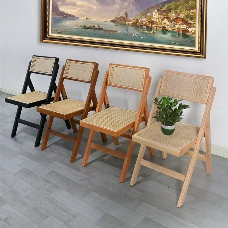 Solid Wood Rattan Dining Chair Foldable Home Backrest Single Person Chair Homestay Restaurant Sillas Para Comedor Chair Stool