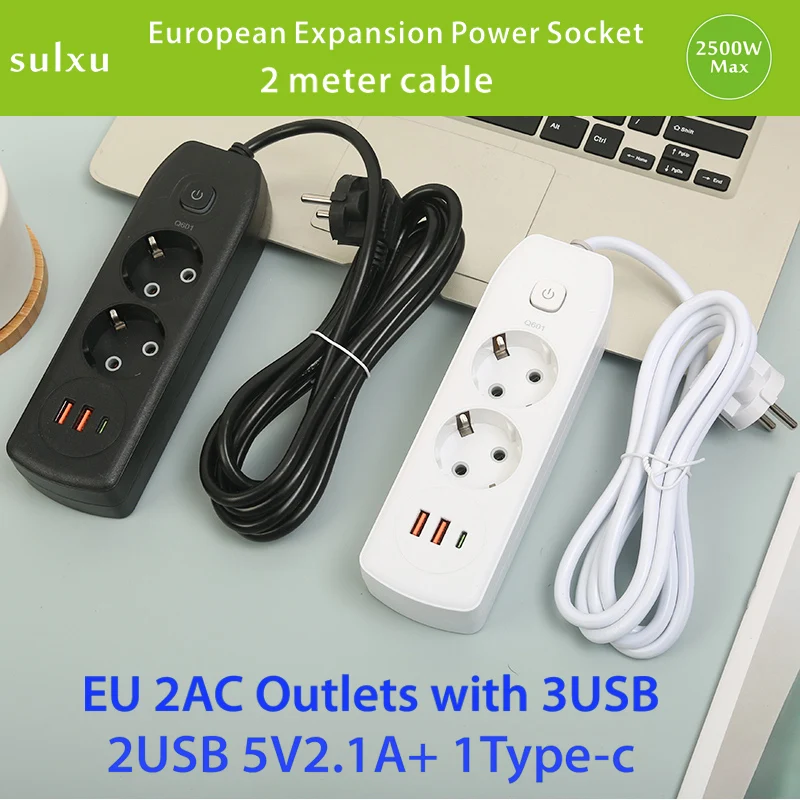 Hot Sale lower price  European expansion power socket 2AC Outlets with USB charging power board  2 meter cable power strip