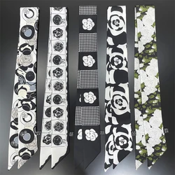 Long Silk Scarf For Women Luxury Hairband Black And White Plain Color Print Wrap Bag Ribbon Fashion Foulard Women's Headscarf