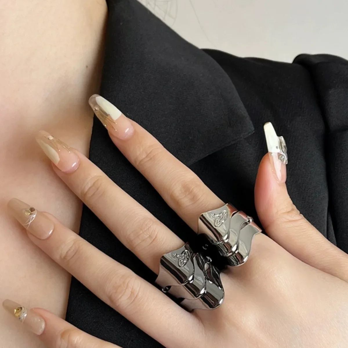 Punk Hip Hop Nana Same Style Armor Ring Three Node Sun Moon Multilayer Open Adjustable Activity Ring Trendy