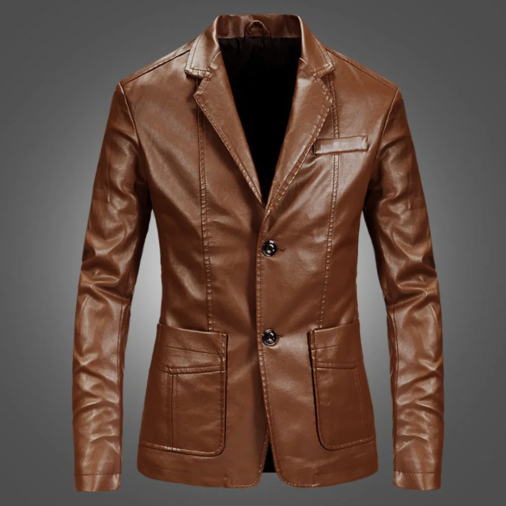 

Men's Windproof Leather Jacket Casual Button Solid Color Outwear Fashion Motorcycle Turn Down Collar Punk Jackets Streetwear