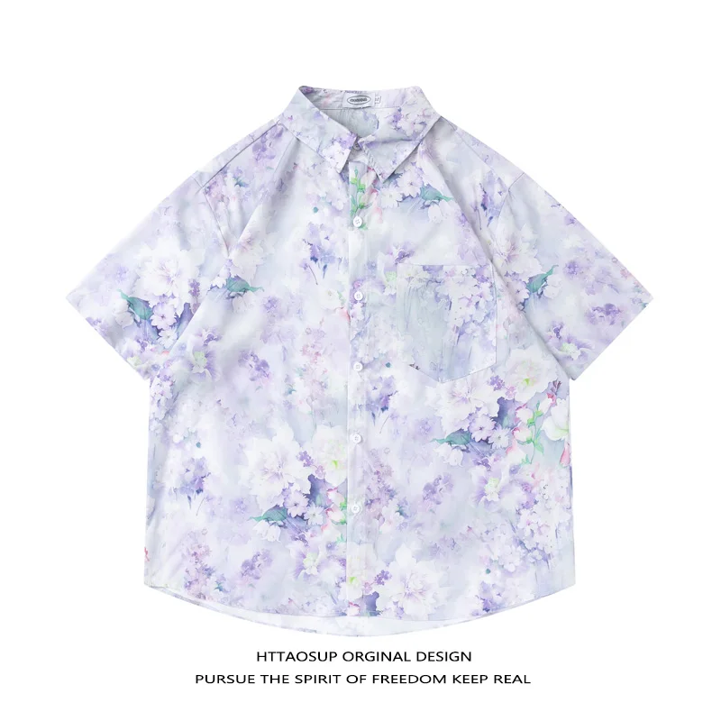 HTTAOSUP Summer Vintage Floral Print Short Sleeve Men's Shirt Loose Hawaiian Style Casual Flower Patterned Shirt for Youth