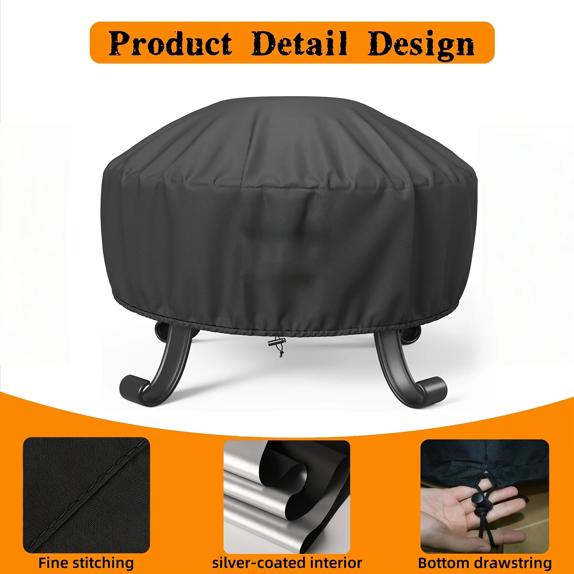 Universal Round Fire Pit Cover, Oxford Cloth UV Dust Rain Resistant Protector with Silver Coating and Drawstring Closure