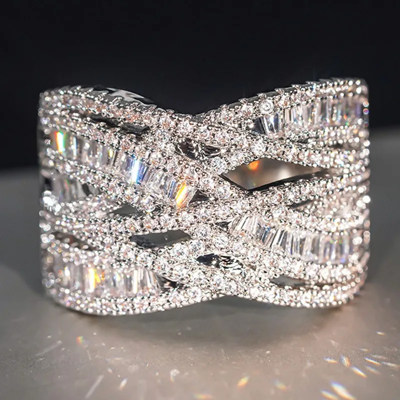Luxury Sparkle Silver Tone Full Inlay 5A Zircon Lines Interweave Multi Layer Rings for Women Evening Party Statement Jewelry