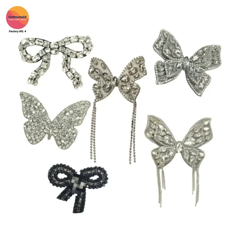 Fashion Beaded Crystal Fringe Butterfly Sewing Patch Clothes Bag Sweater Shirt Collar Decorated Bow Tie DIY Accessory Patch