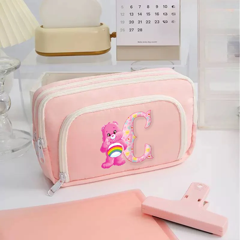 Bolsa de lápices para estudiantes Care Bears, caja de bolígrafos de 3 capas para niña, estuche organizador de gran capacidad con letras de A-Z, bolsa con soporte Kawaii de Anime Harajuku