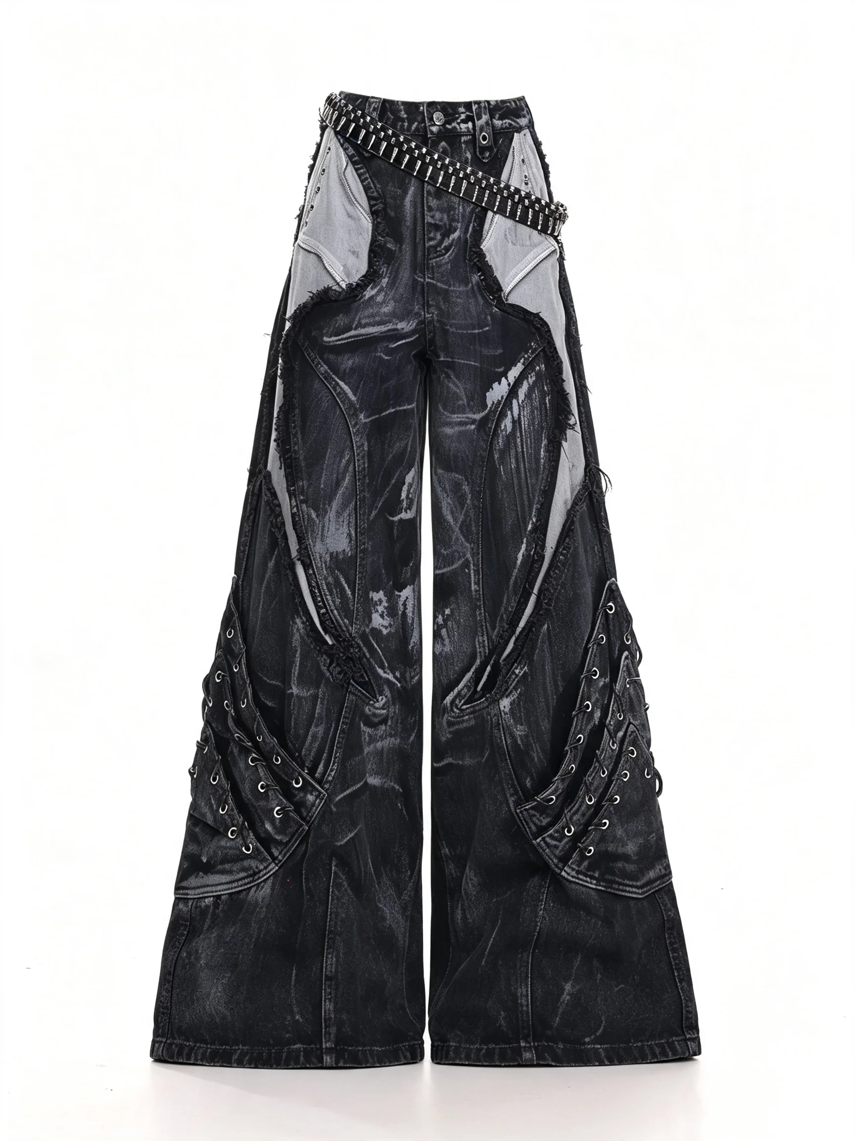 Y2K American Retro Oversized Gothic Patchwork Wide Leg Jeans Raw Edge Rivet Eyelet Decoration Baggy Denim Pants Streetwear