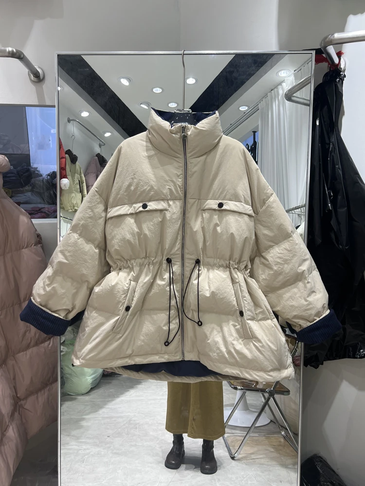 Winter Korean Drawstring Waist Hooded Puffer Jacket Stand Collar Hooded Long Sleeve Casual Short White Duck Down Parkas Outwear