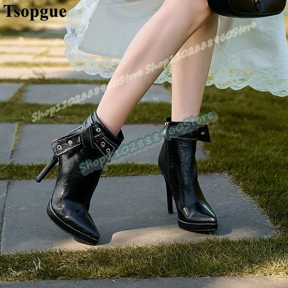 Coffee Color Leather Belt Strap Pointy Ankle Boots Thin High Heel Shoes For Women Side Zipper Pointed Toe Retro Style Boots