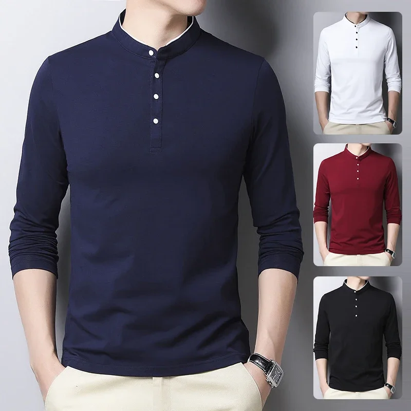 Men\'s Fashion Long sleeved POLO Shirt Casual Cotton Breathable Top Stand up Collar Korean Comfortable T-shirt Top