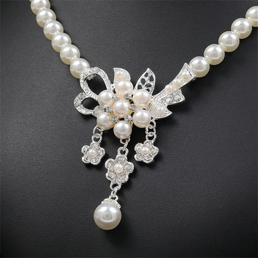 New Fashion personality flower Imitation Pearl Wedding Necklace Earring Set Bridal For Women Elegant Rhinestone Jewelry Gift