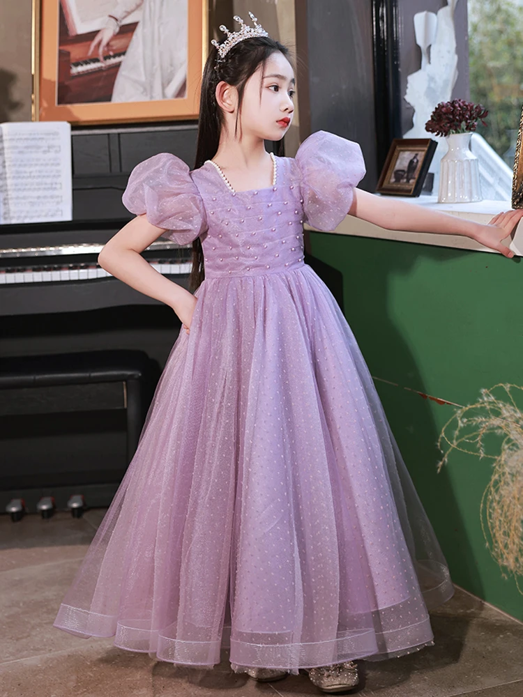 Girl's Piano Performance Dress Purple Square Collar Flower Girls Wedding Party Dresses Pearls Prom Tulle Princess Gowns