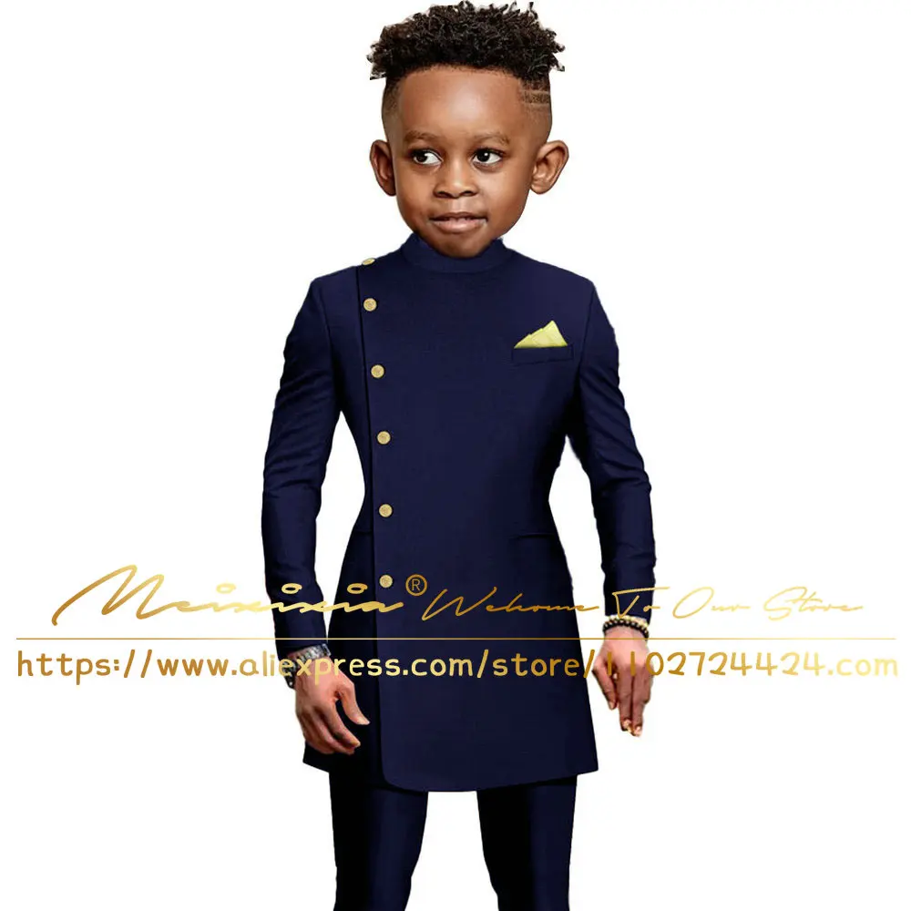 Royal Blue African Style Boys Suit giacca lunga pantaloni 2 pezzi Set doppio petto Blazer smoking da sposa bambini abito da festa formale