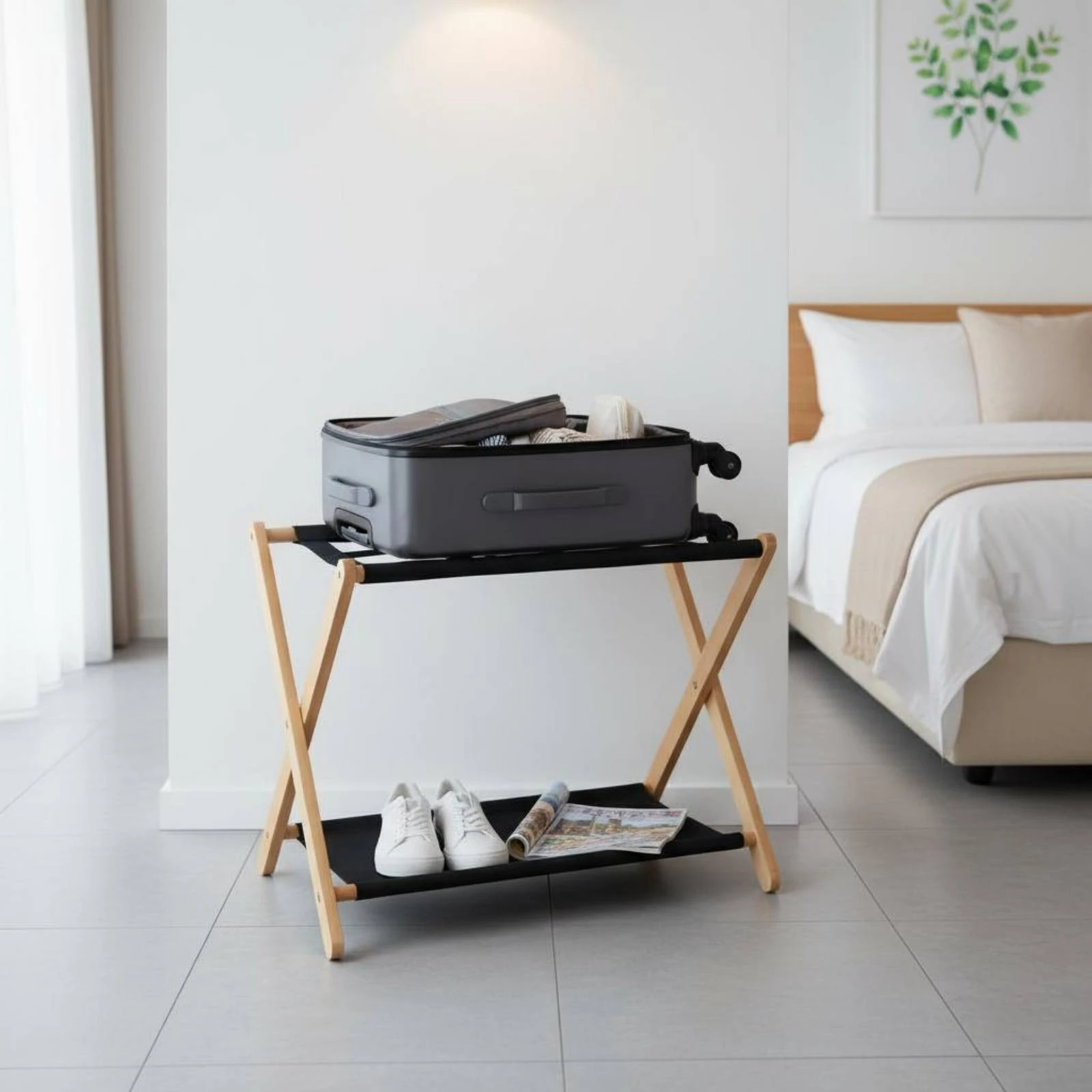 Double Layer Luggage Rack Solid Wood Folding Luggage Rack Portable Multifunctional for Hotel