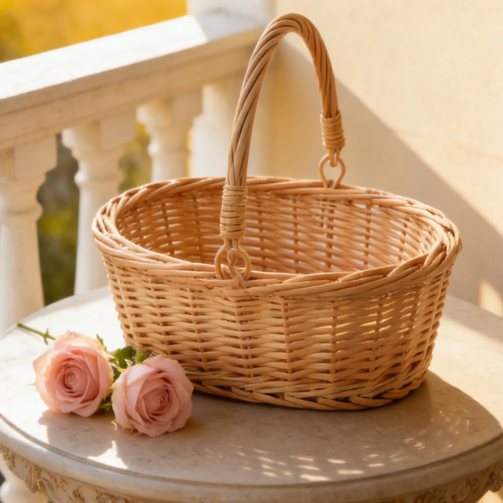 

Handwoven Wicker Flower Basket Vintage Oval Picnic Basket with Handles for Weddings Showers Garden Decor Rustic Flower