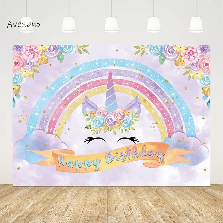 Avezano Photography Backdrop Unicorn Birthday Party Decorations Kids Rainbow Flower Twinkly Stars Cloud Background Photo Studio