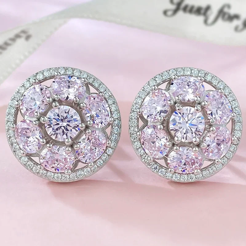 

SpringLady Romantic 100% 925 Sterling Silver Round Cut Pink Sapphire Gemstone Ear Studs Earrings Fine Jewelry for Women