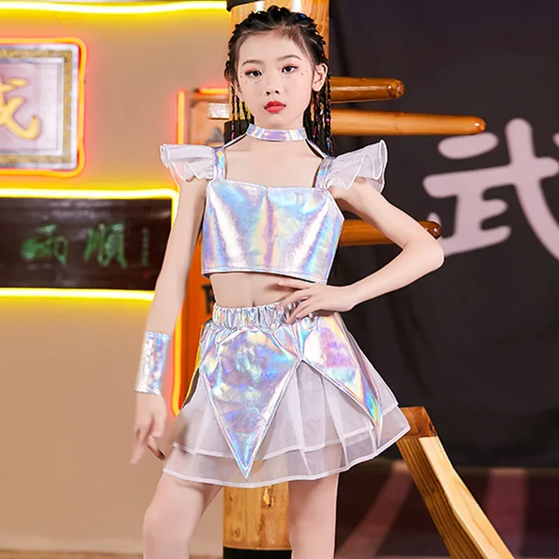 Children Jazz Dance Costume Silver Shirt Skirt Girl Hip Hop Clothing Fashion Catwalk Stage Outfit Kids Modern Show Wear