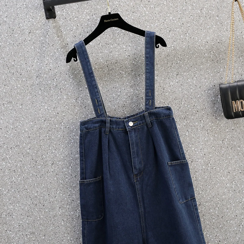 Plus Size Denim Jumpsuit Dla Kobiet 2024 Jesień Nowości Duży Rozmiar Duże Kieszenie Niebieski Kombinezon z Wysoką Talią Kobieta Gorąca Wyprzedaż