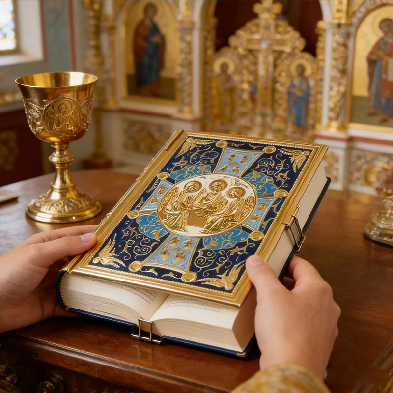 Luxury Gold Plated Orthodox Gospel Book Cover with Enamel Holy Trinity Icon for Church Liturgy Clergy Home Altar Devotion Gift