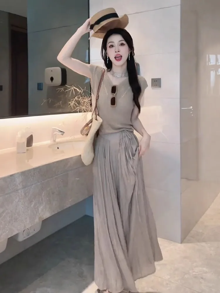 

Summer Knitted V-Neck Slimming Top And High Waist Wide Leg Pants Two-Piece Set Women's Fashion Loose Style Clothing