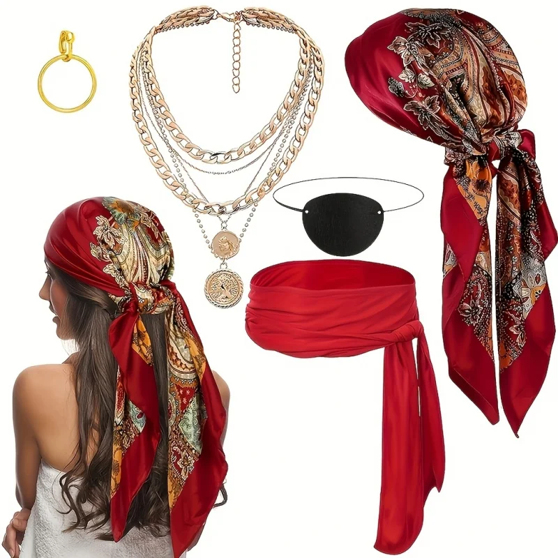 Conjunto de Disfraz de Pirata para Fiestas: Colgante, Antifaz, Pañuelo para la Cabeza, Pendientes, Accesorios de Capitán, Calavera, Accesorios para Fiesta de Graduación, Cosplay, Cinturón y Collar