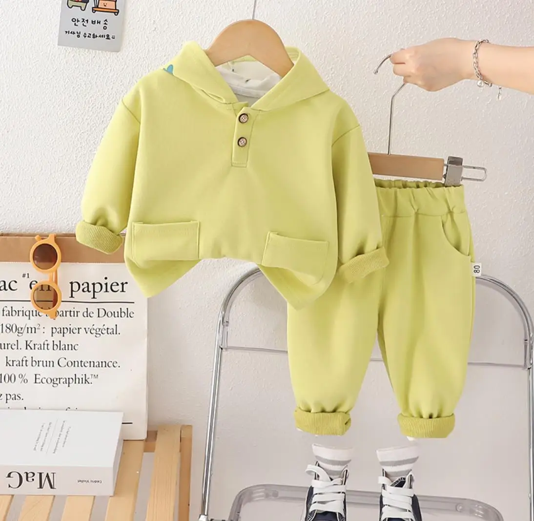 Baby Boys Designer Sets Korean Style Clothes Solid Colour Dinosaur Hooded Long Sleeve T-shirts and Pants Toddler Infant Outfits