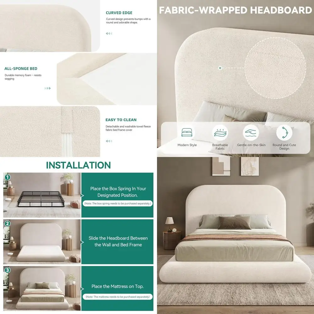 

Кровать размера Queen-size на платформе из бархата с изголовьем, простая сборка, бежевая (без пружинного блока)