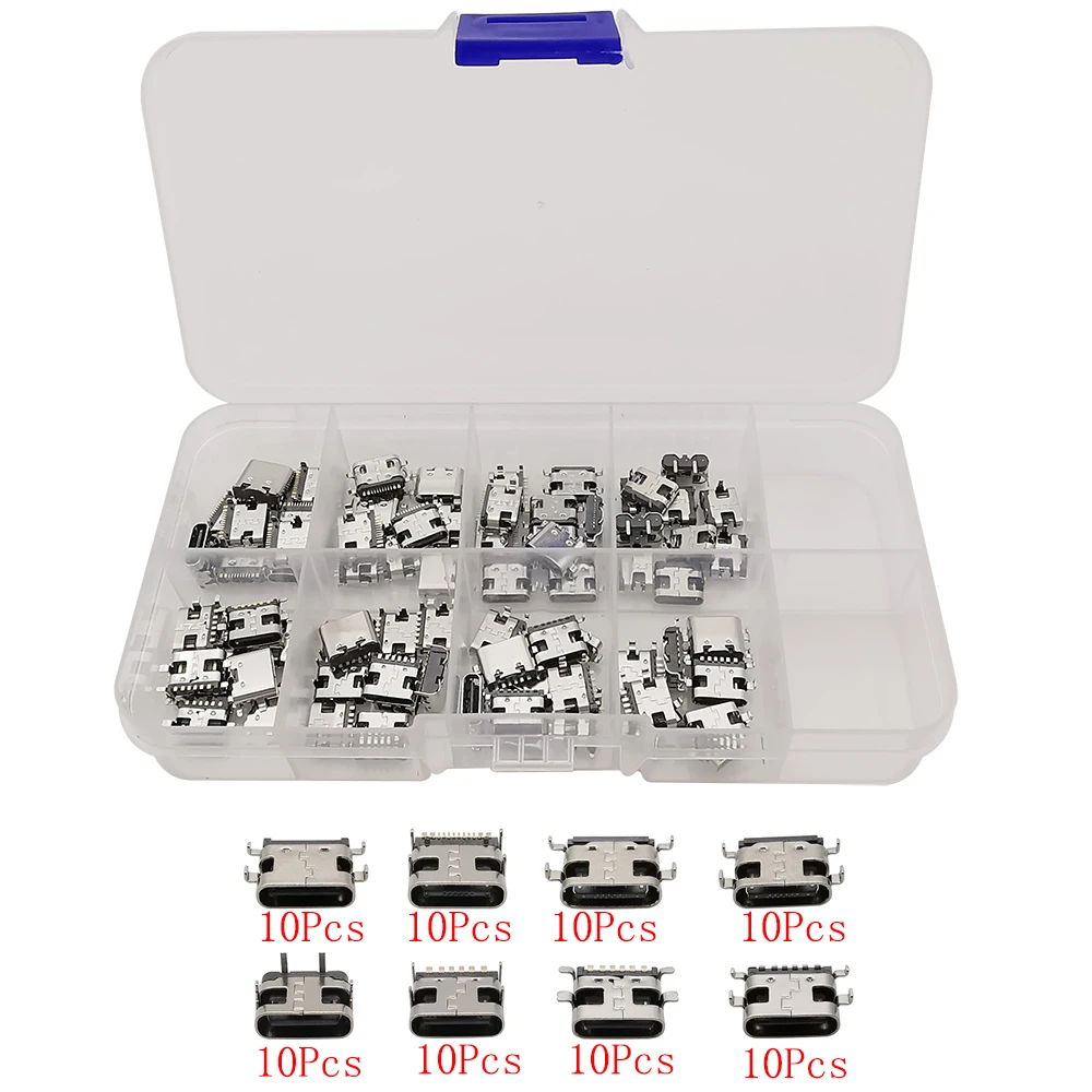 80Pcs/Box 8 Models Type-C USB Female Socket Charging Connector 2Pin 6Pin 16Pin for Phone and Digital Product Repair Kits