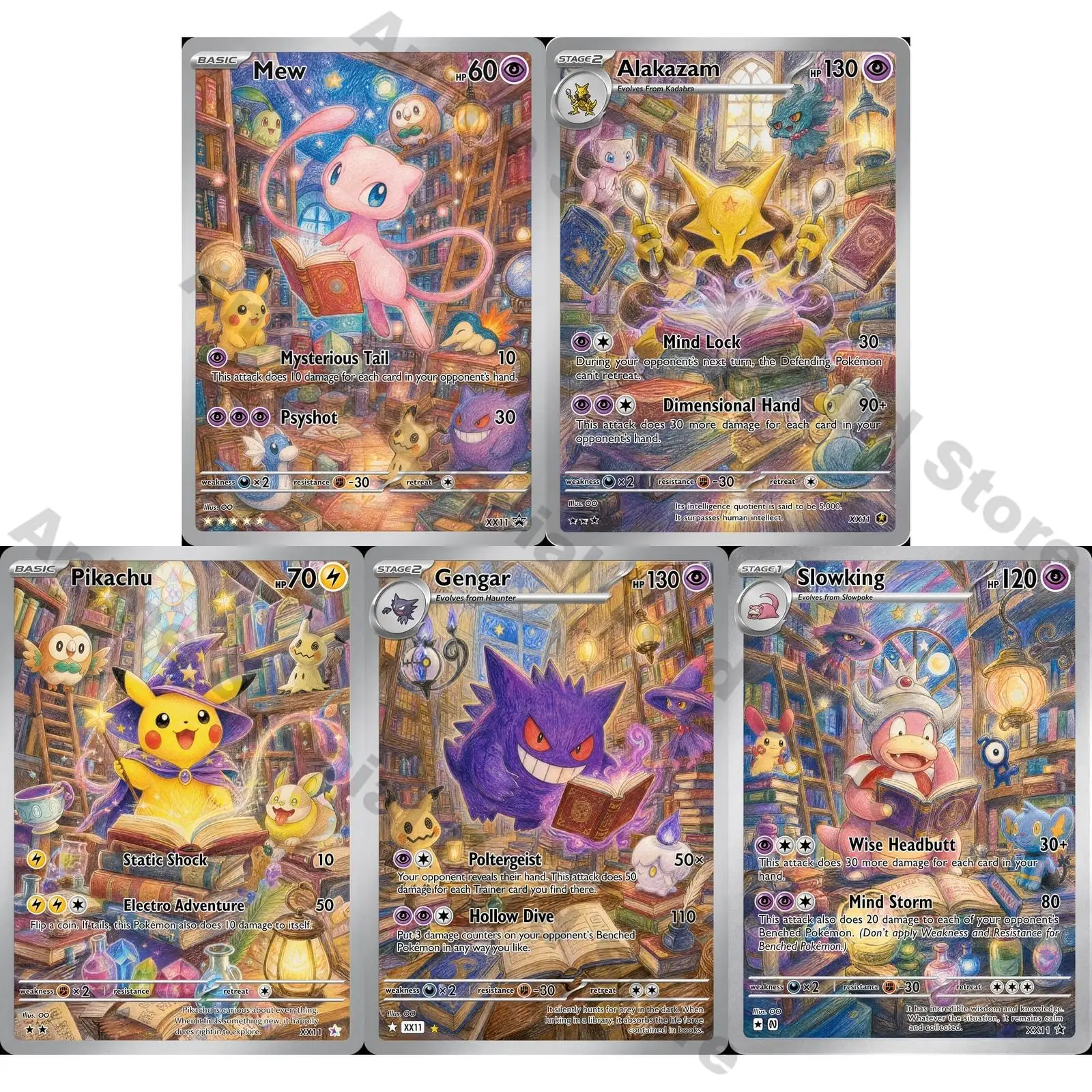 5Pcs PTCG Cards PTCG Colored Pencil Style Custom Trading Game Mew Gengar Mewtwo Collection Cards Rare Cards Set PTCG Gift