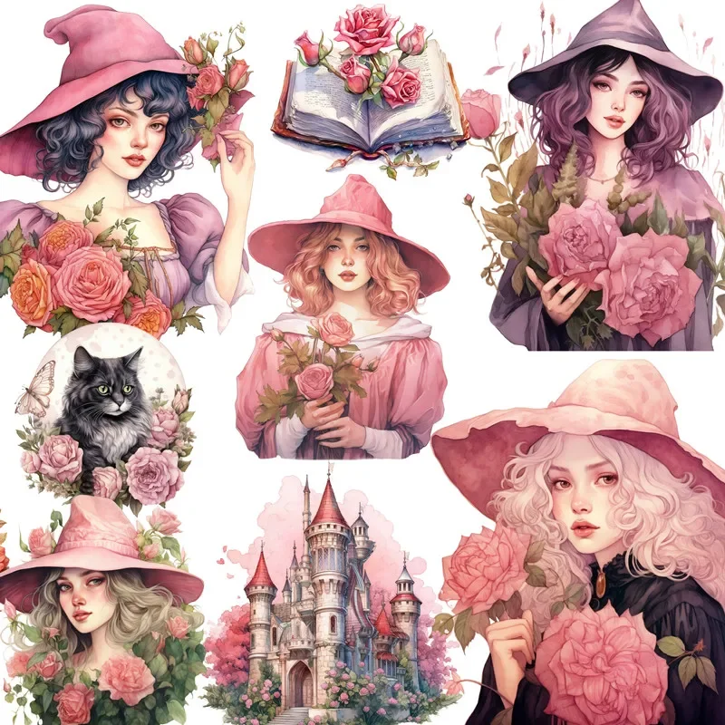 12Pcs/Pack Pink Witch Sticker DIY Craft Scrapbooking Album Junk Journal Decorative Stickers