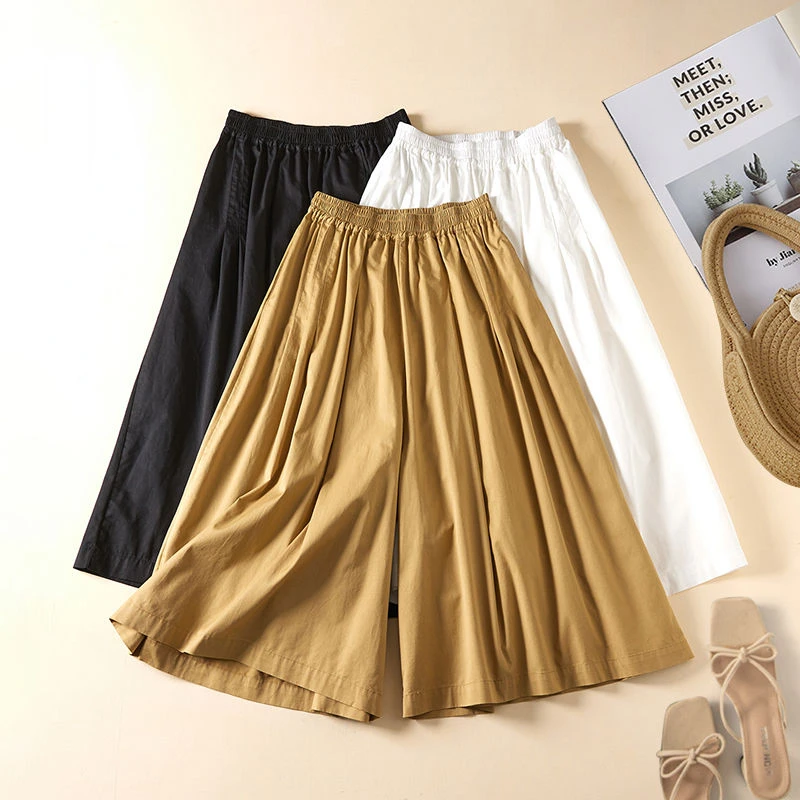 

Casual Loose Women's Pants COTTON Elastic Waist Solid Versatile Wide-leg Skirt Pants Black Simple Comfortable Calf-Length Pants