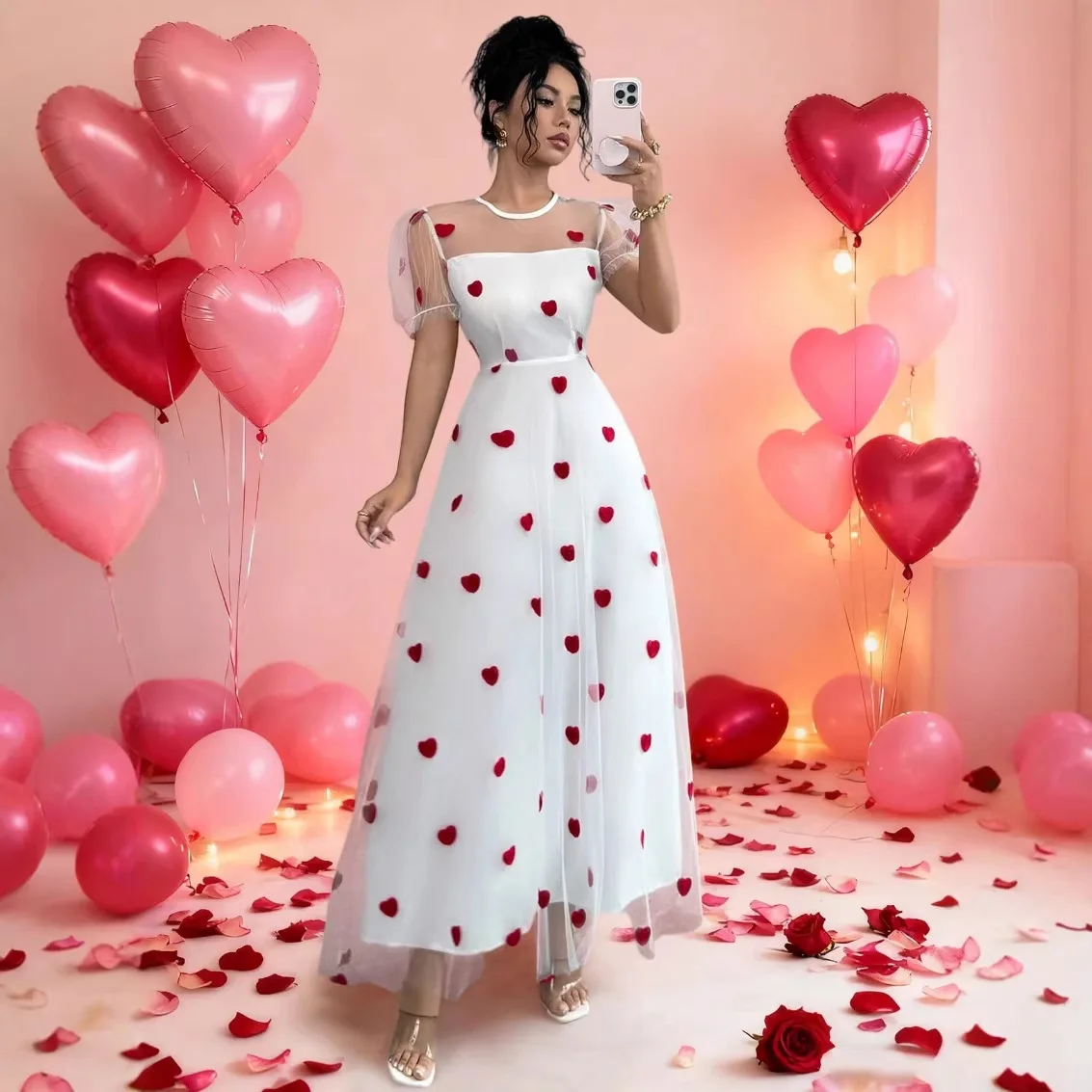 

New Spring Style Round Neck Slim Fit Love Print Double-Layer Fabric Dress for European and American Ladies