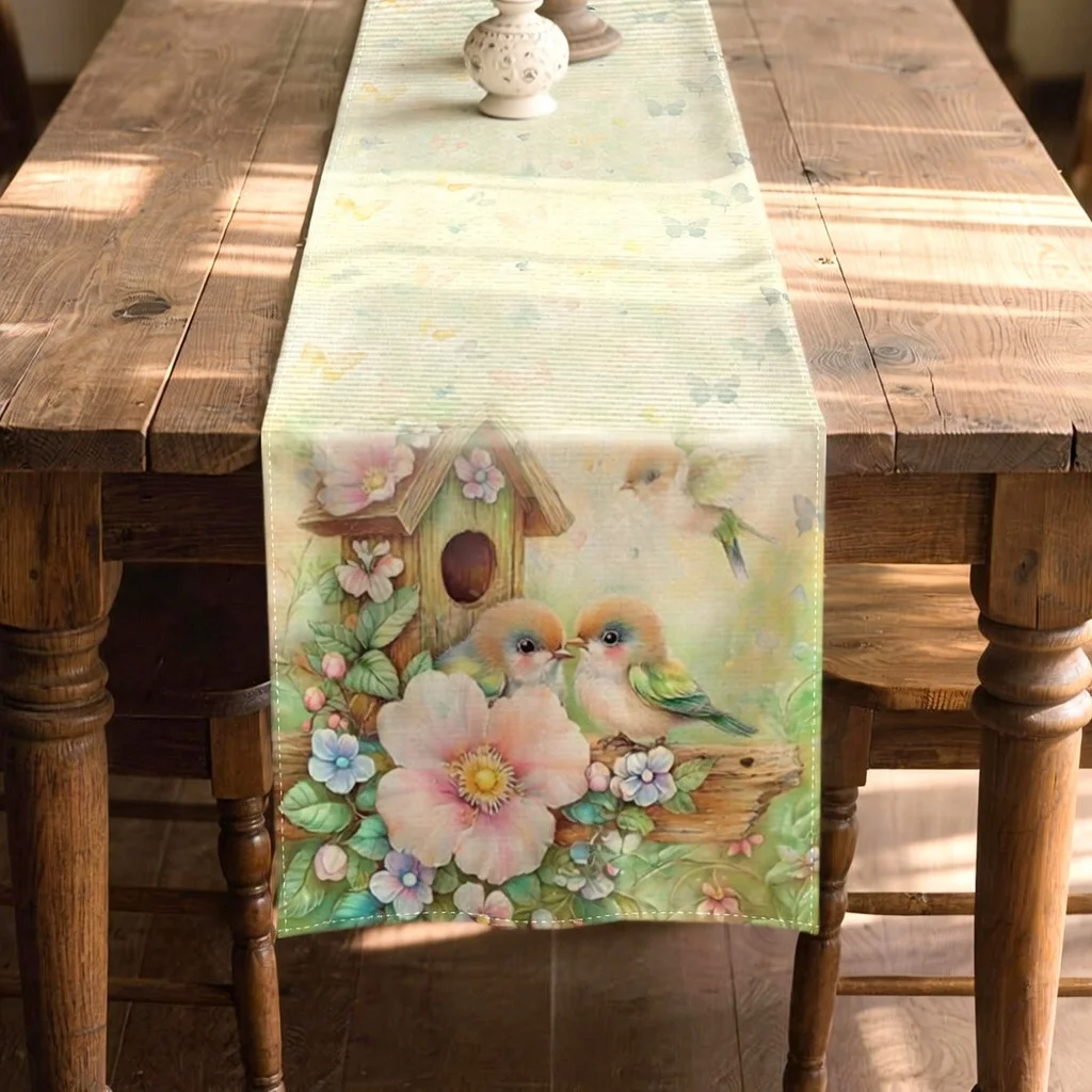 Vintage Floral Bird Birdhouse Table Runner, Yellow White Rustic Rectangular Table Decor for Dining Room Party & Outdoor Events